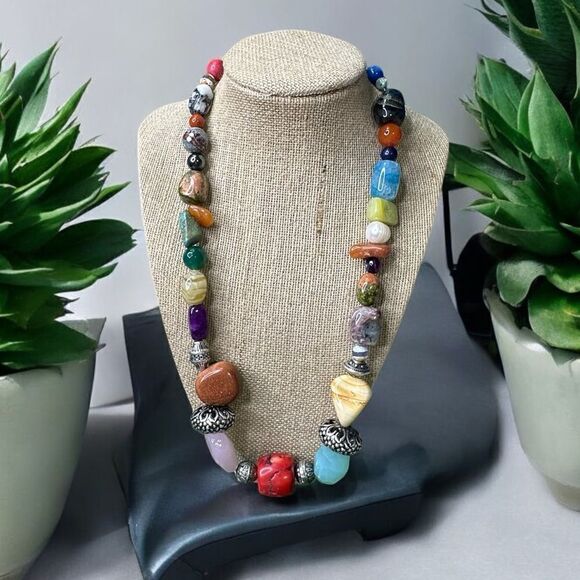 Handmade Genuine Multi Gemstone Chunky Beads Blessingway Necklace 22” 925 Silver - Picture 9 of 9